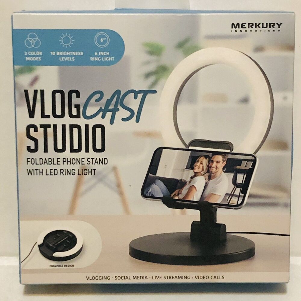 Merkury Vlog Cast Studio Kit Foldable Phone Stand 6” LED Ring Light NIP